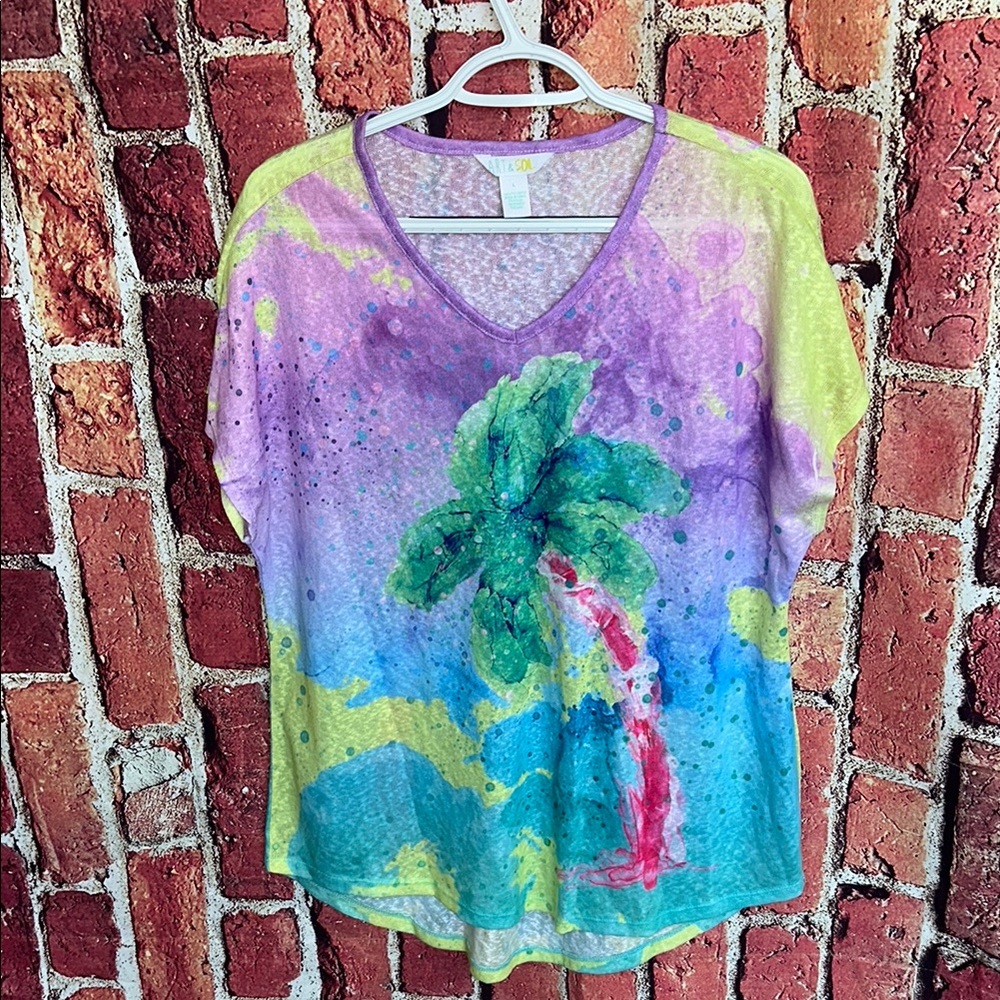 Art & Sol Large Tropical Palm Tree Top Colorful Tie-Dye Women's Top